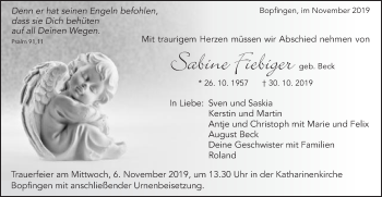 Traueranzeige von Sabine Fiebiger von Schwäbische Post