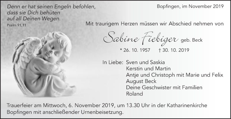  Traueranzeige für Sabine Fiebiger vom 02.11.2019 aus Schwäbische Post