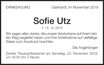 Traueranzeige von Sofie Utz von Schwäbische Post