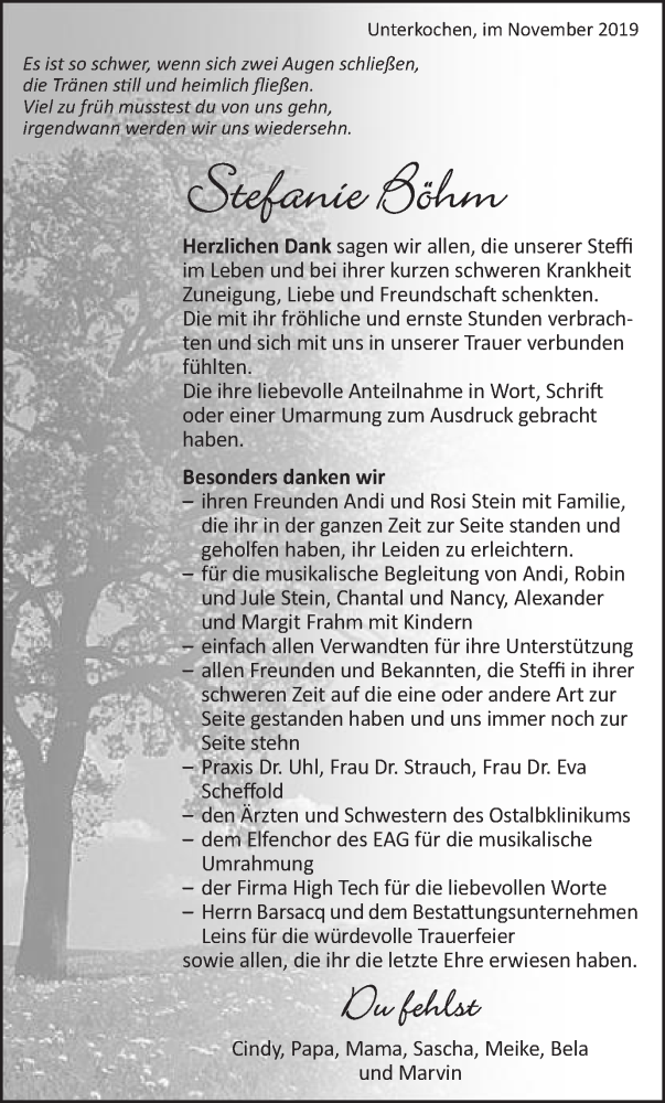  Traueranzeige für Stefanie Böhm vom 22.11.2019 aus Schwäbische Post