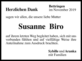 Traueranzeige von Susanne Biro von Gmünder Tagespost