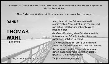 Traueranzeige von Thomas Wahl von Gmünder Tagespost
