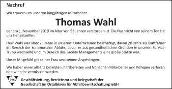 Traueranzeige von Thomas Wahl von Gmünder Tagespost