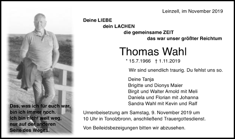  Traueranzeige für Thomas Wahl vom 06.11.2019 aus Gmünder Tagespost