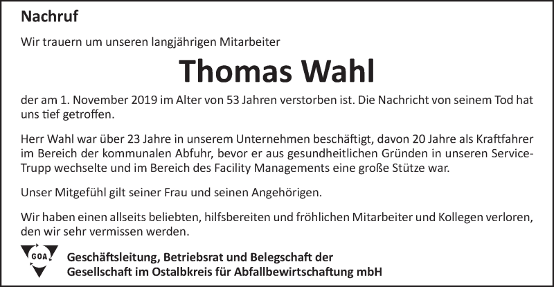  Traueranzeige für Thomas Wahl vom 06.11.2019 aus Gmünder Tagespost