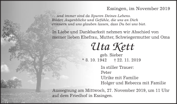 Traueranzeige von Uta Kett von Schwäbische Post