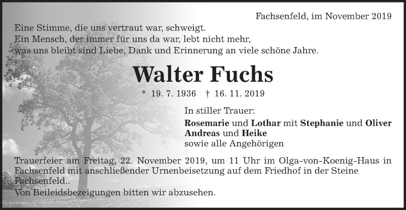  Traueranzeige für Walter Fuchs vom 20.11.2019 aus Schwäbische Post