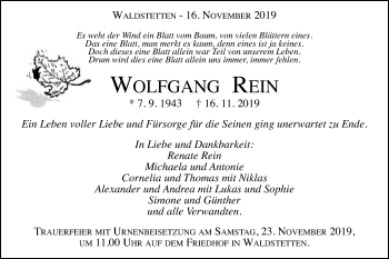 Traueranzeige von Wolfgang Rein