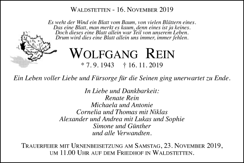  Traueranzeige für Wolfgang Rein vom 19.11.2019 aus Gmünder Tagespost