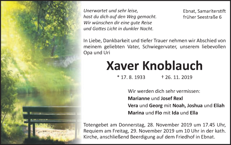  Traueranzeige für Xaver Knoblauch vom 27.11.2019 aus Schwäbische Post