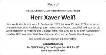 Traueranzeige von Xaver Weiß von Schwäbische Post