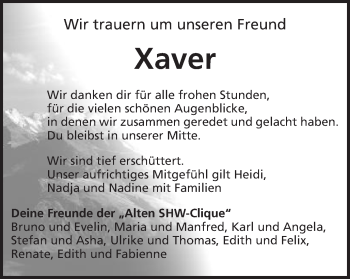 Traueranzeige von Xaver Franz Josef Weiß von Schwäbische Post