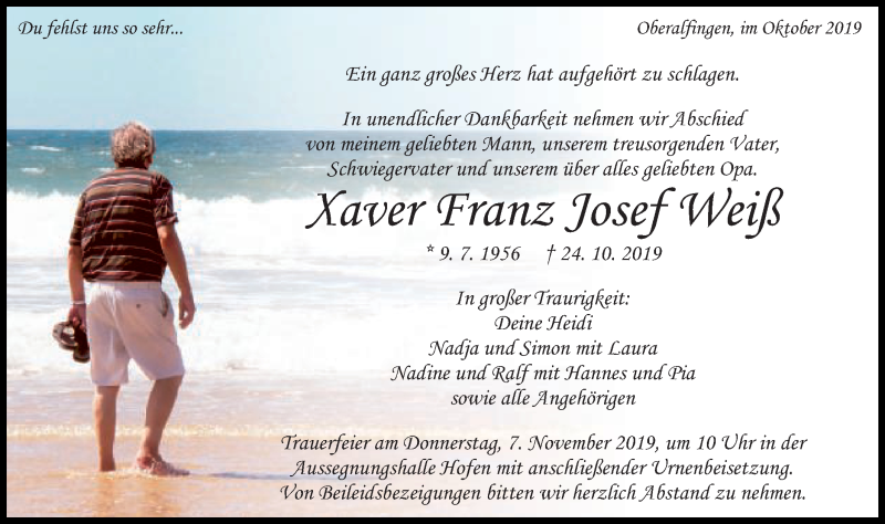  Traueranzeige für Xaver Franz Josef Weiß vom 05.11.2019 aus Schwäbische Post