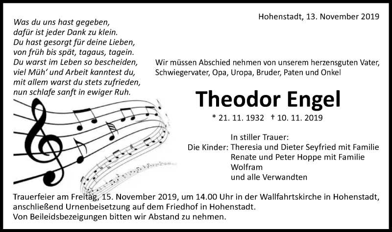  Traueranzeige für Theodor Engel vom 13.11.2019 aus SCHWÄBISCHE POST