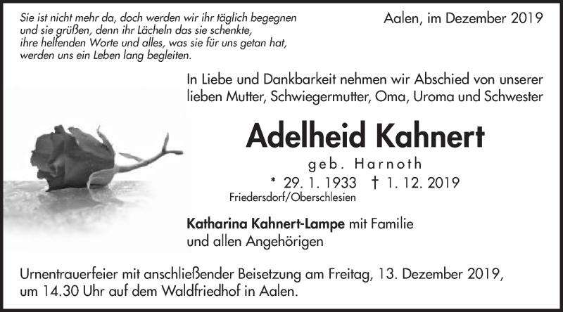  Traueranzeige für Adelheid Kahnert vom 10.12.2019 aus Schwäbische Post