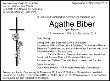 Traueranzeige von Agathe Biber von Schwäbische Post