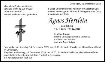 Traueranzeige von Agnes Hertlein von Schwäbische Post