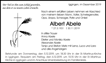Traueranzeige von Albert Abele von Gmünder Tagespost