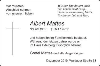 Traueranzeige von Albert Mattes von Gmünder Tagespost