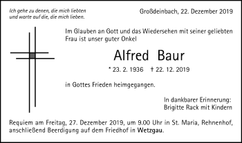 Traueranzeige von Alfred Baur von Gmünder Tagespost