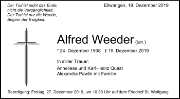 Traueranzeige von Alfred Weeder von Schwäbische Post