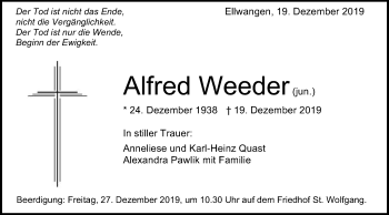 Traueranzeige von Alfred Weeder