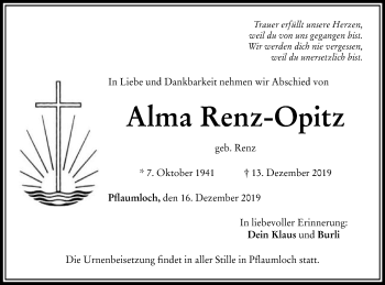 Traueranzeige von Alma Renz-Opitz von Schwäbische Post