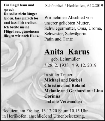 Traueranzeige von Anita Karus von Gmünder Tagespost