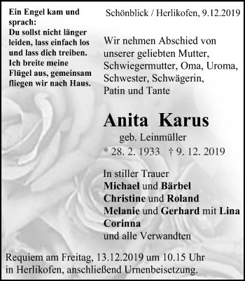 Traueranzeige von Anita Karus