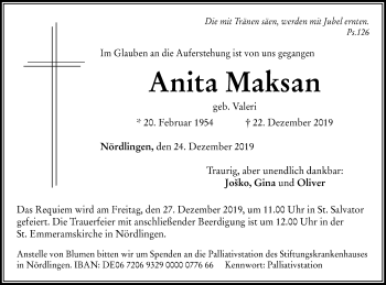 Traueranzeige von Anita Maksan von Schwäbische Post