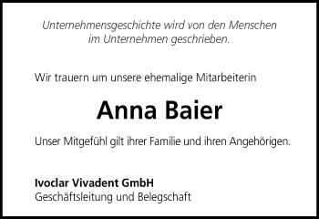 Traueranzeige von Anna Baier von Schwäbische Post