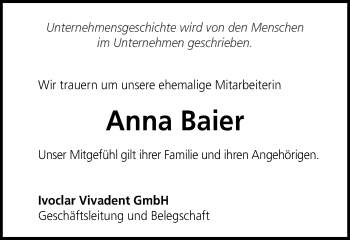 Traueranzeige von Anna Baier