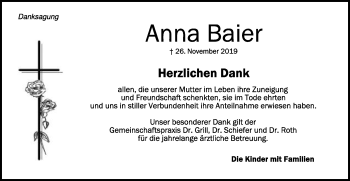 Traueranzeige von Anna Baier von Schwäbische Post