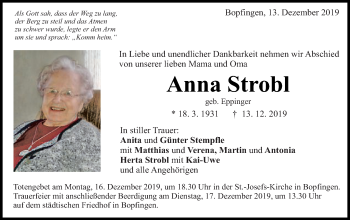 Traueranzeige von Anna Strobl von Schwäbische Post
