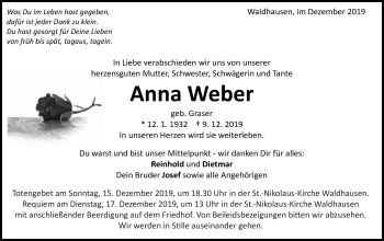 Traueranzeige von Anna Weber von Schwäbische Post