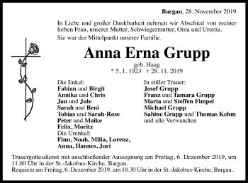 Traueranzeige von Anna Erna Grupp von Gmünder Tagespost