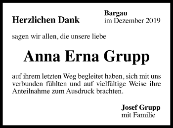 Traueranzeige von Anna Erna Grupp von Gmünder Tagespost