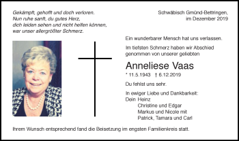 Traueranzeige von Anneliese Vaas von Gmünder Tagespost