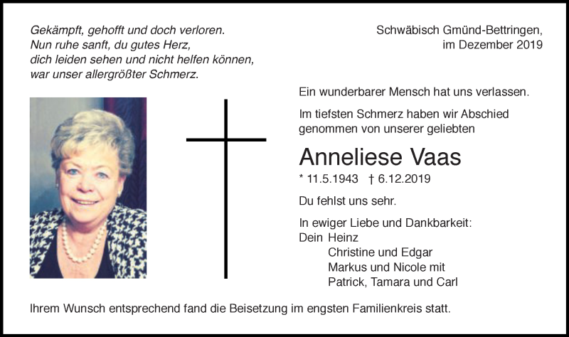  Traueranzeige für Anneliese Vaas vom 12.12.2019 aus Gmünder Tagespost