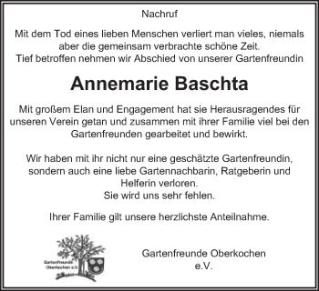 Traueranzeige von Annemarie Baschta von Amtsblatt_Oko