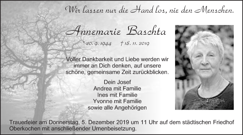  Traueranzeige für Annemarie Baschta vom 03.12.2019 aus Schwäbische Post