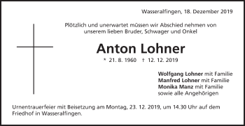 Traueranzeige von Anton Lohner von Schwäbische Post