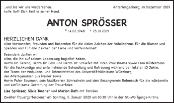 Traueranzeige von Anton Sprösser von Schwäbische Post
