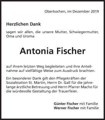 Traueranzeige von Antonia Fischer von Amtsblatt_Oko