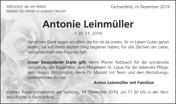 Traueranzeige von Antonie Leinmüller von Schwäbische Post