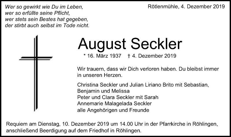  Traueranzeige für August Seckler vom 07.12.2019 aus Schwäbische Post
