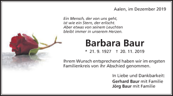 Traueranzeige von Barbara Baur von Schwäbische Post