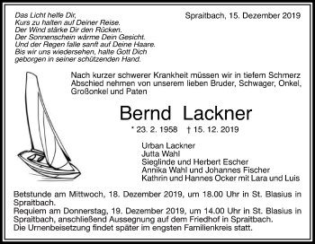 Traueranzeige von Bernd Lackner von Gmünder Tagespost