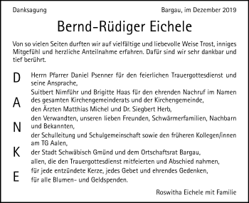 Traueranzeige von Bernd-Rüdiger Eichele von Gmünder Tagespost