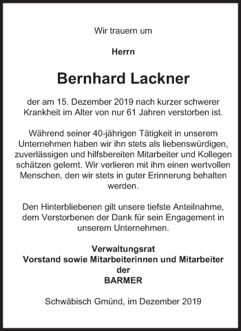 Traueranzeige von Bernhard Lackner von Gmünder Tagespost